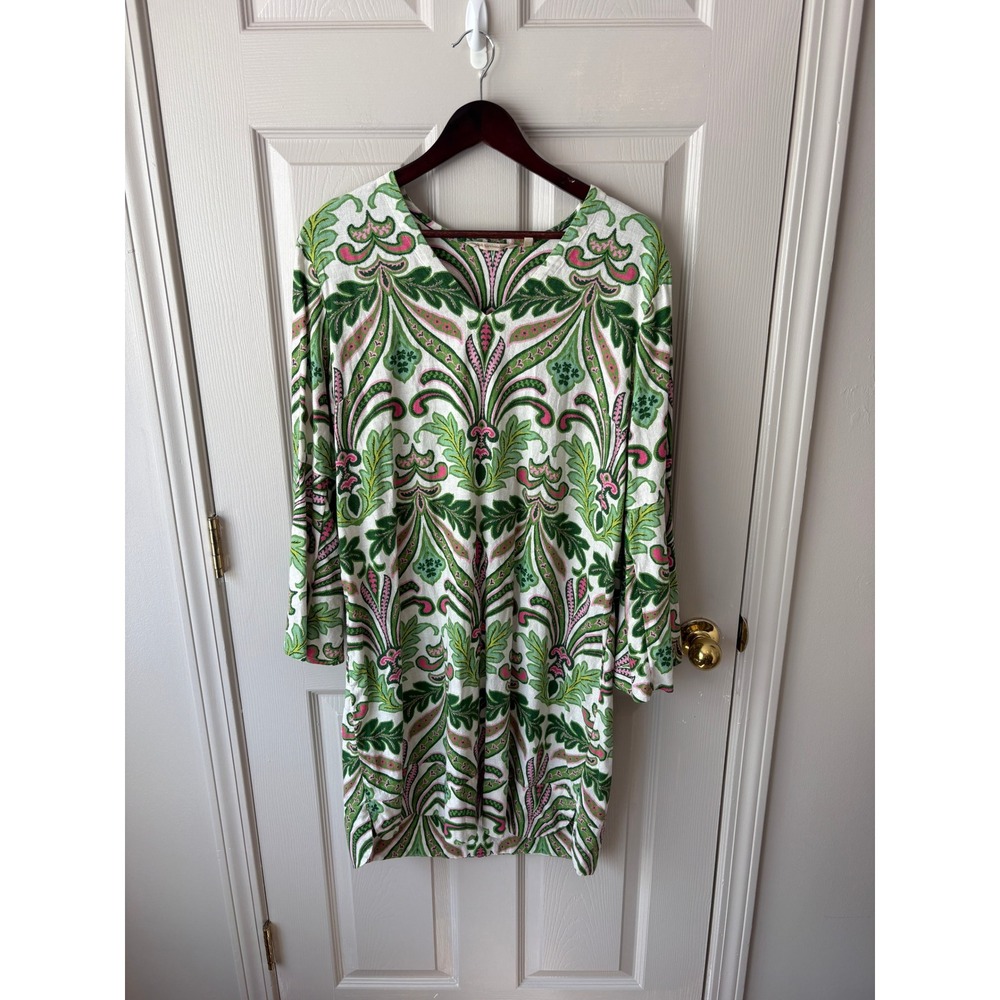 Soft Surroundings Tunic Dress Womens XL Green Paisley Linen Blend 2GH11 Boho